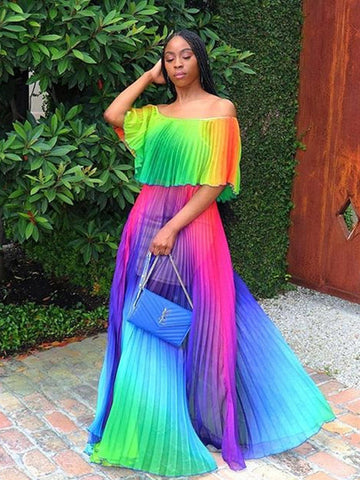 Off Shoulder Colorful Ombre Pleated Maxi Dress