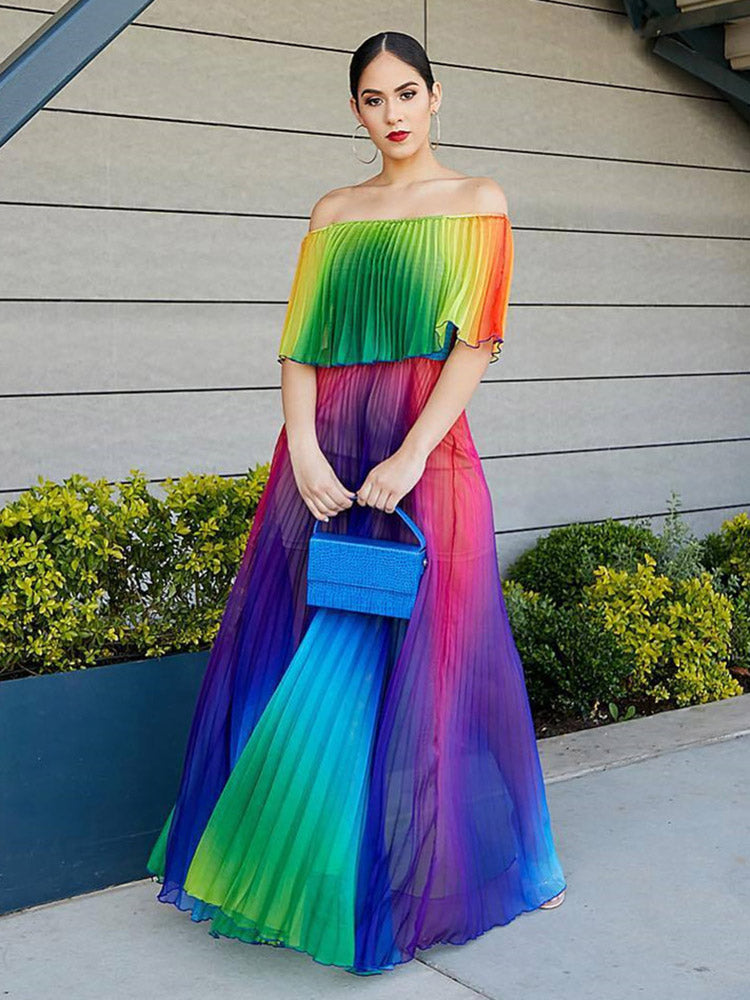 Off Shoulder Colorful Ombre Pleated Maxi Dress