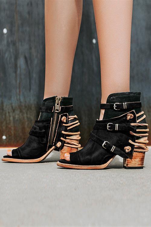 Buckle Peep Toe Chunky Heels Boots