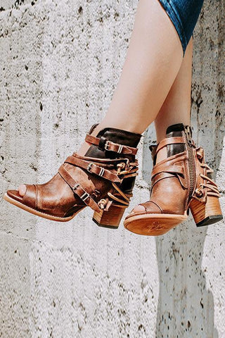 Buckle Peep Toe Chunky Heels Boots