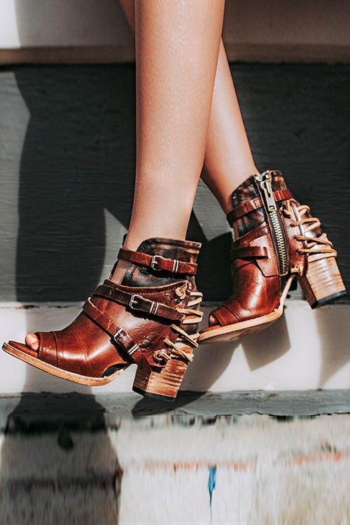 Buckle Peep Toe Chunky Heels Boots