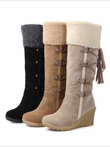 Fuzzy Tassel Wedge Calf Boots