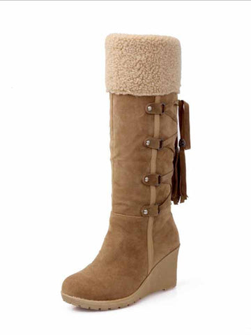 Fuzzy Tassel Wedge Calf Boots