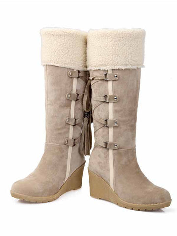 Fuzzy Tassel Wedge Calf Boots