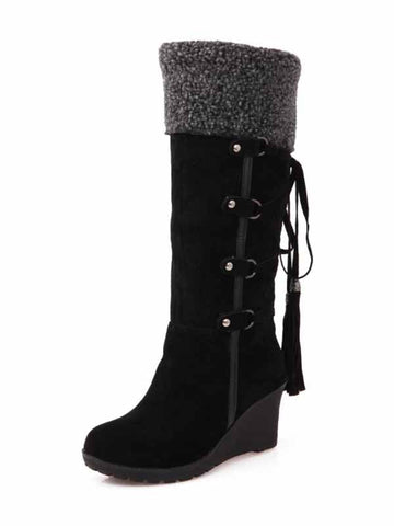 Fuzzy Tassel Wedge Calf Boots