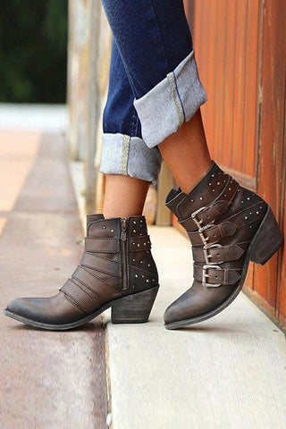 Buckle Zipper Chunky Heel Ankle Boots