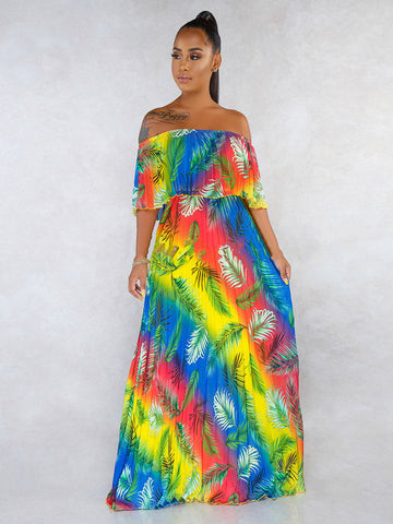 Off Shoulder Colorful Ombre Pleated Maxi Dress