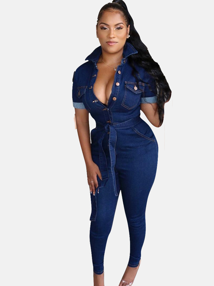 Button Front Pocket Denim Jumpsuit