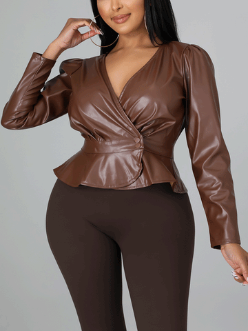 V Neck Short PU Jacket