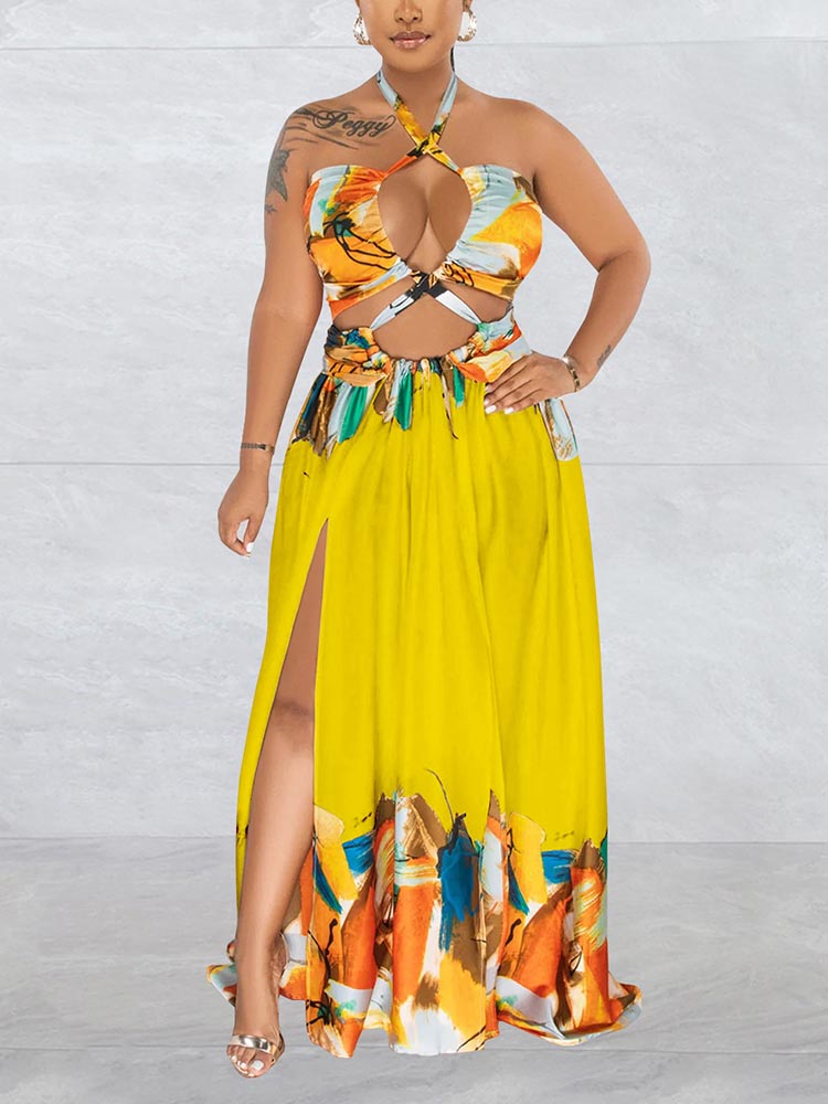 Print Halter Cut-out Maxi Dress