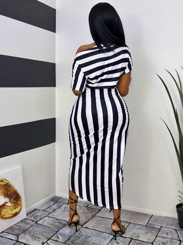 Striped One Shoulder Ruched Dress