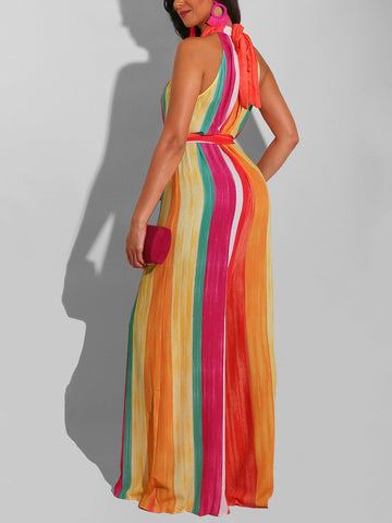 Halter Colorblock Jumpsuit With Belt