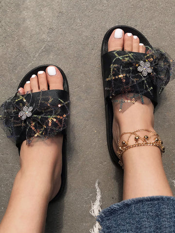 Lace Bow Sequin Flat Slides