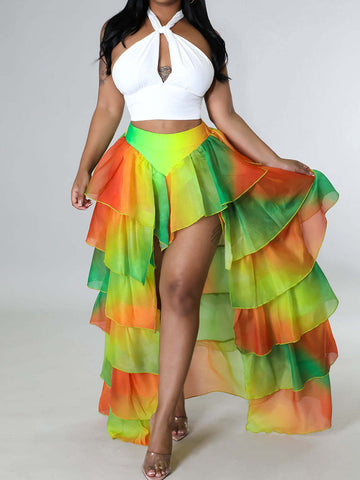 Print High Low Tulle Slit Skirt