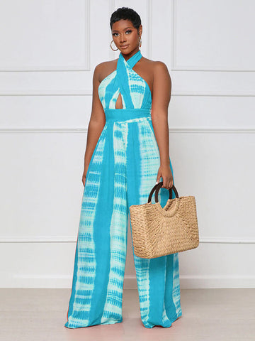 Halter Printed Wide Leg Jumpsuit