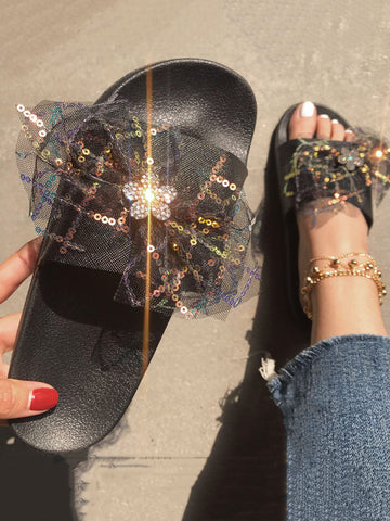 Lace Bow Sequin Flat Slides