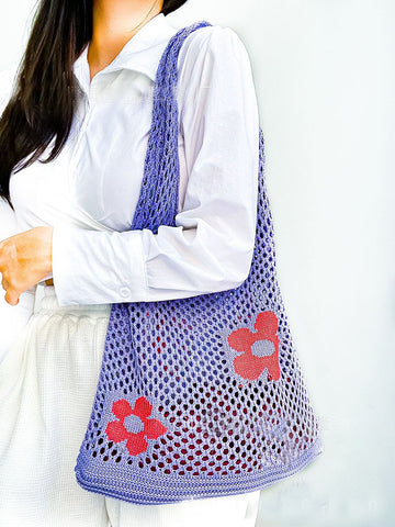 Flower Print Crochet Shoulder Tote