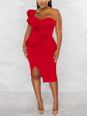 Ruffle One Shoulder Split Party Dress