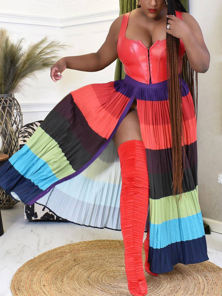 Colorblock Button Pleated Maxi Skirt