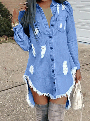 Ripped Denim Tassel Mini Dress