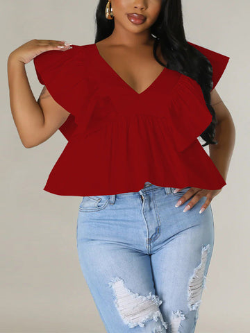 Sweet Printed Flounce V Neck Top