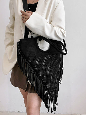 Rhinestone Decor Fringe Trim Shoulder Bag