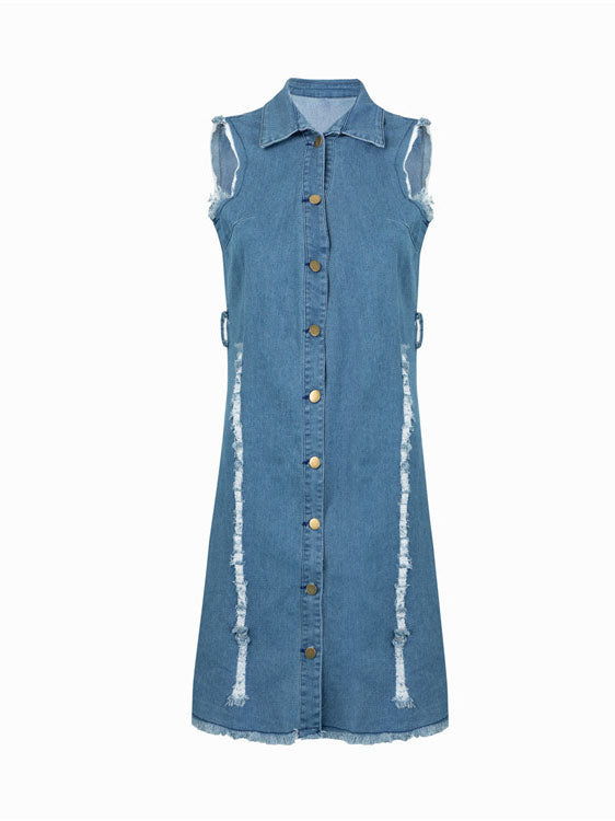 Button Sleeveless Ripped Denim Dress