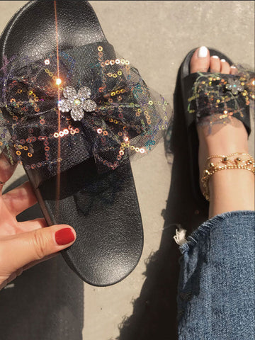 Lace Bow Sequin Flat Slides