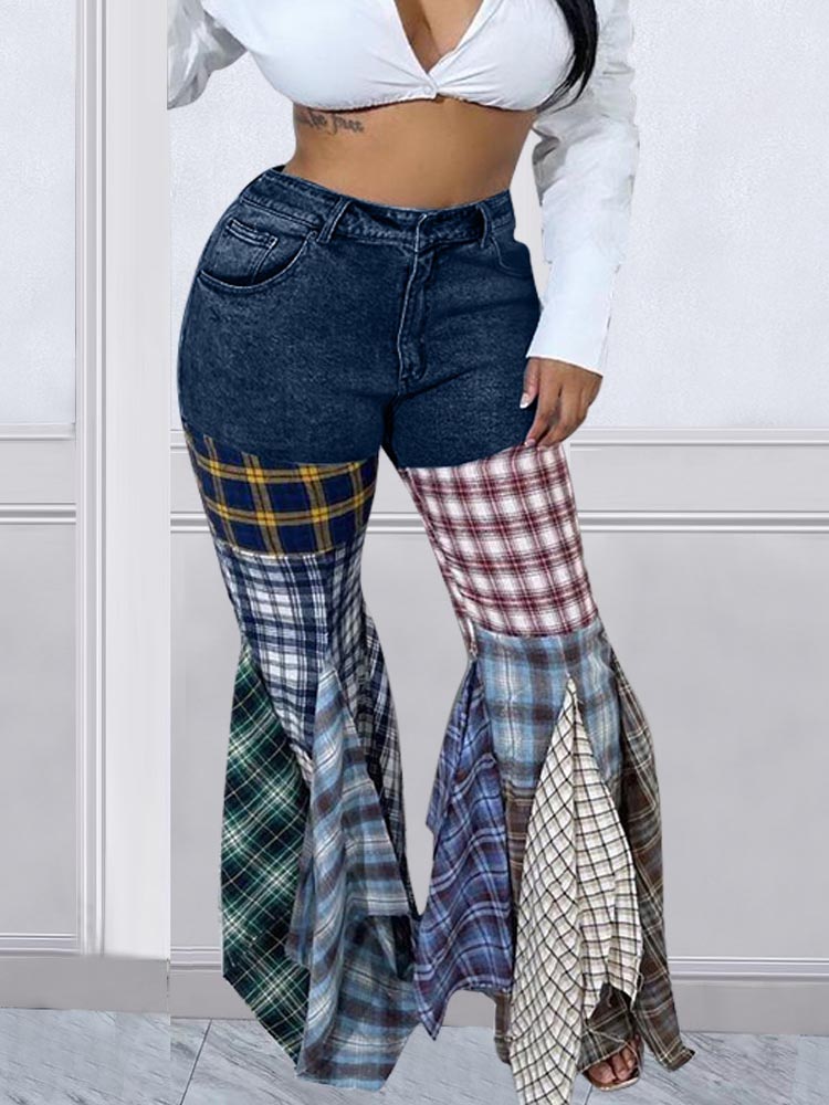 Plaid Patchwork Denim Jeans