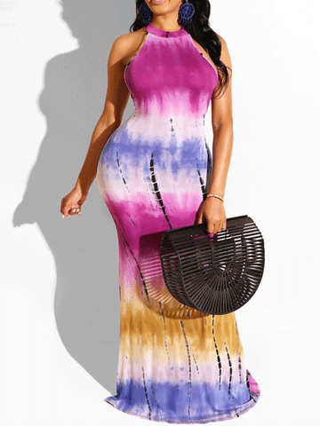 Vestido largo con cuello halter y efecto tie dye