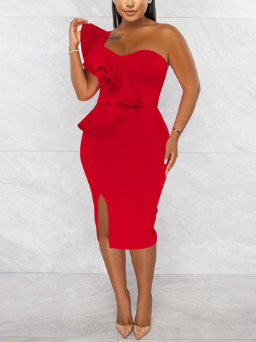 Ruffle One Shoulder Split Party Dress