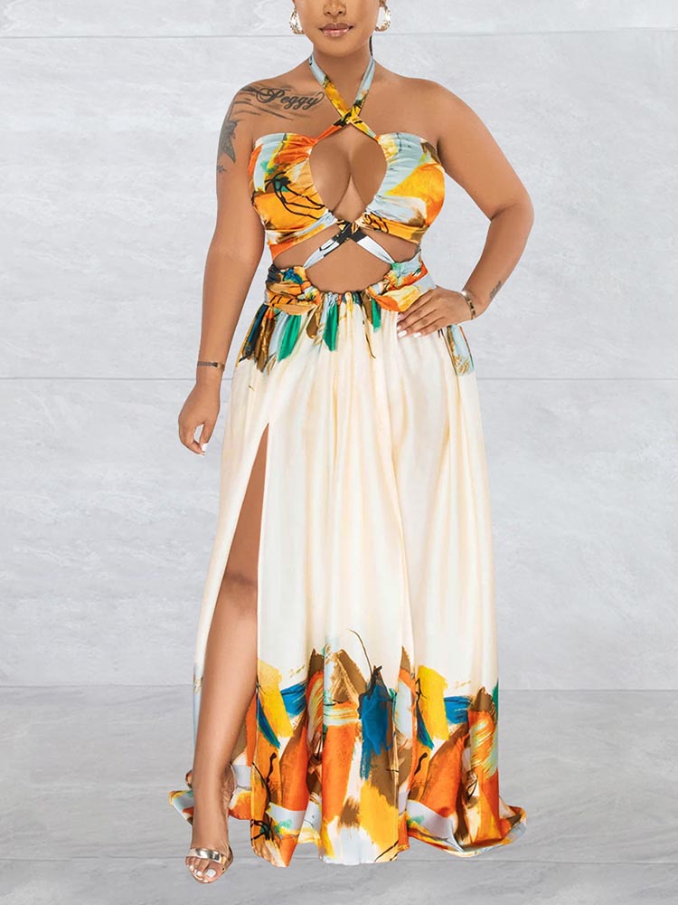 Print Halter Cut-out Maxi Dress