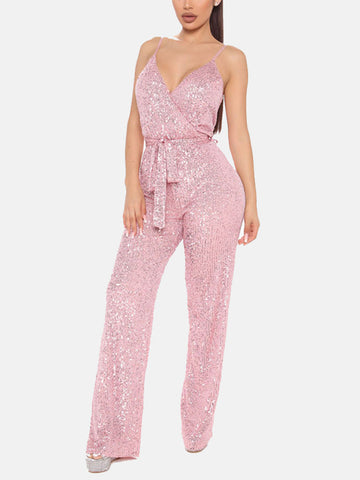 Ärmelloser Jumpsuit mit Pailletten und Gürtel