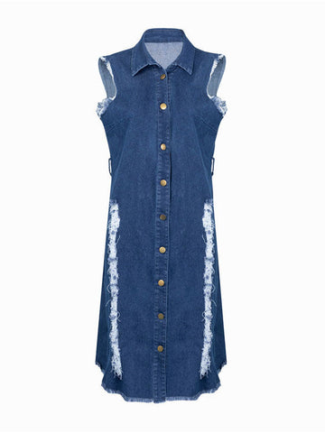 Button Sleeveless Ripped Denim Dress