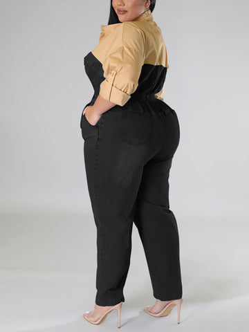 Denim Patchwork Color Block Jumpsuit