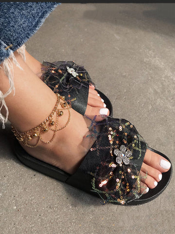 Lace Bow Sequin Flat Slides