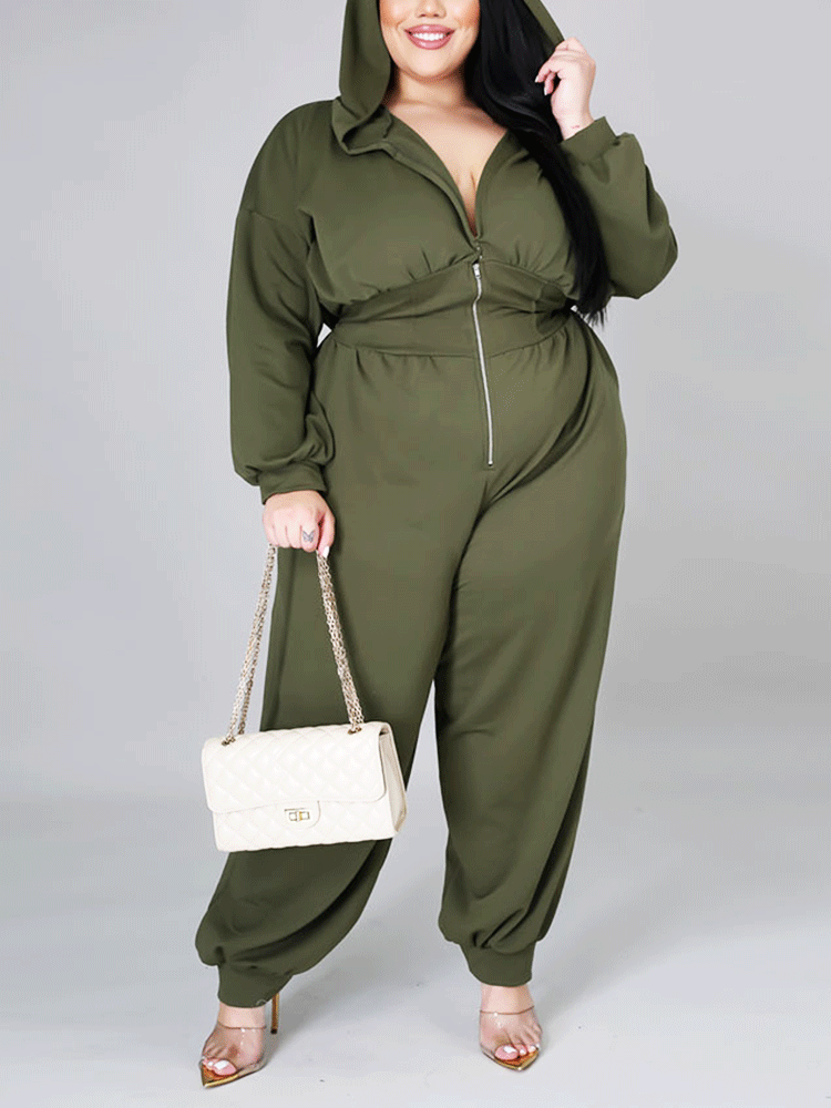 Zipper Solid Hoodie Jumpsuit