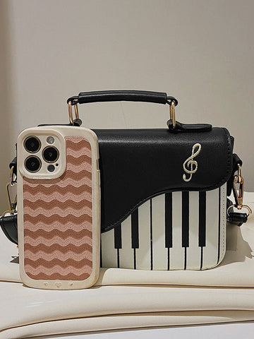 Bolsa bordada con música y estampado de piano