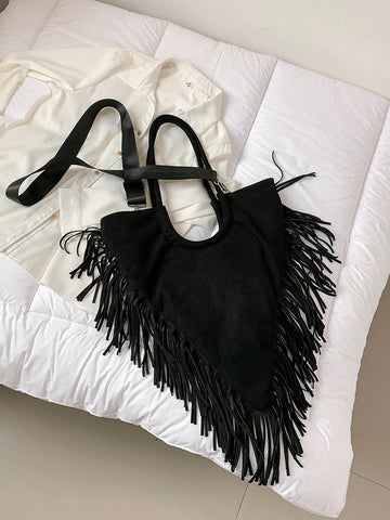 Rhinestone Decor Fringe Trim Shoulder Bag