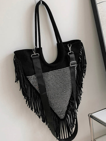 Rhinestone Decor Fringe Trim Shoulder Bag