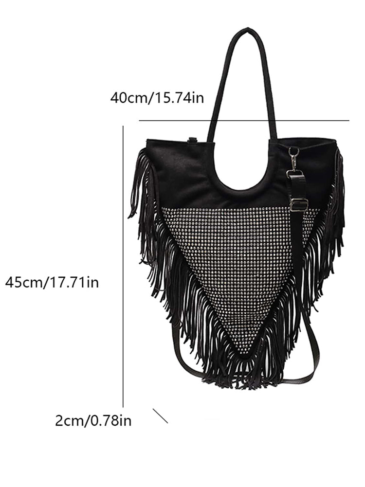 Rhinestone Decor Fringe Trim Shoulder Bag