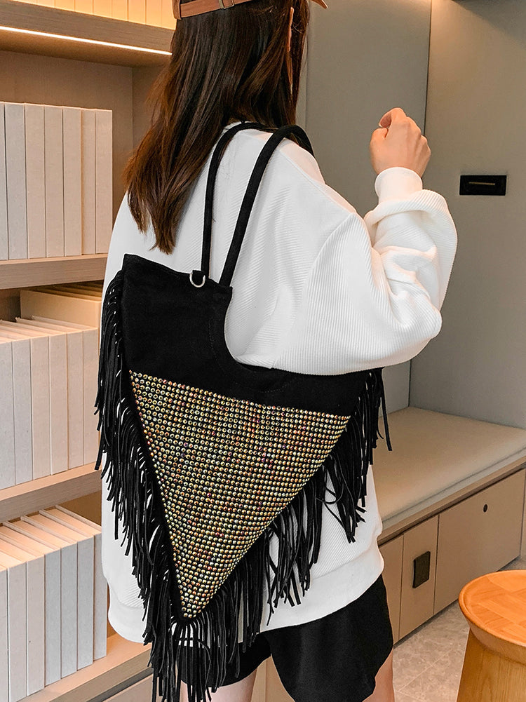 Bolso de hombro con flecos y decoración de diamantes de imitación