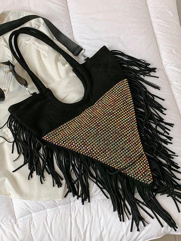 Rhinestone Decor Fringe Trim Shoulder Bag