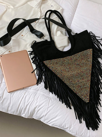 Rhinestone Decor Fringe Trim Shoulder Bag