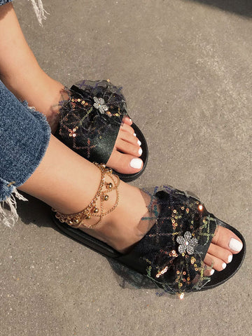 Lace Bow Sequin Flat Slides