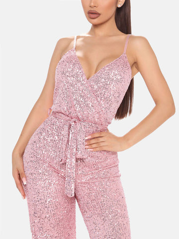 Ärmelloser Jumpsuit mit Pailletten und Gürtel