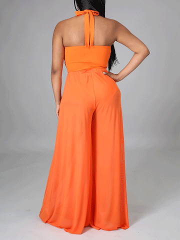 Neckholder-Jumpsuit aus Chiffon mit weitem Bein