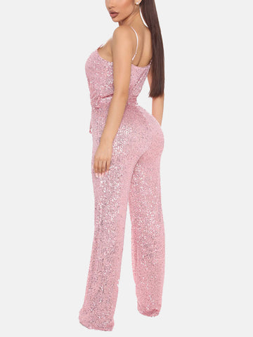 Ärmelloser Jumpsuit mit Pailletten und Gürtel