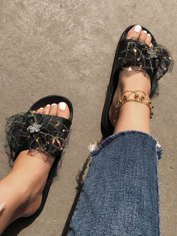 Lace Bow Sequin Flat Slides