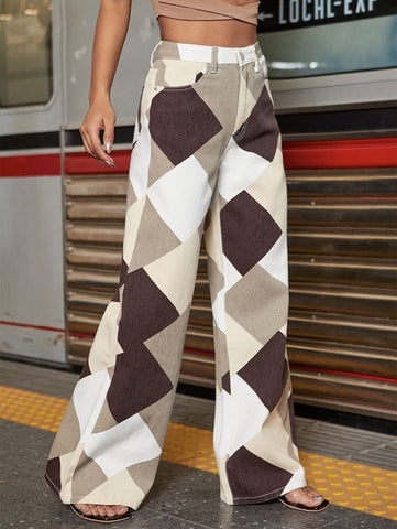 Color Block Argyle Print Wide Leg Jeans